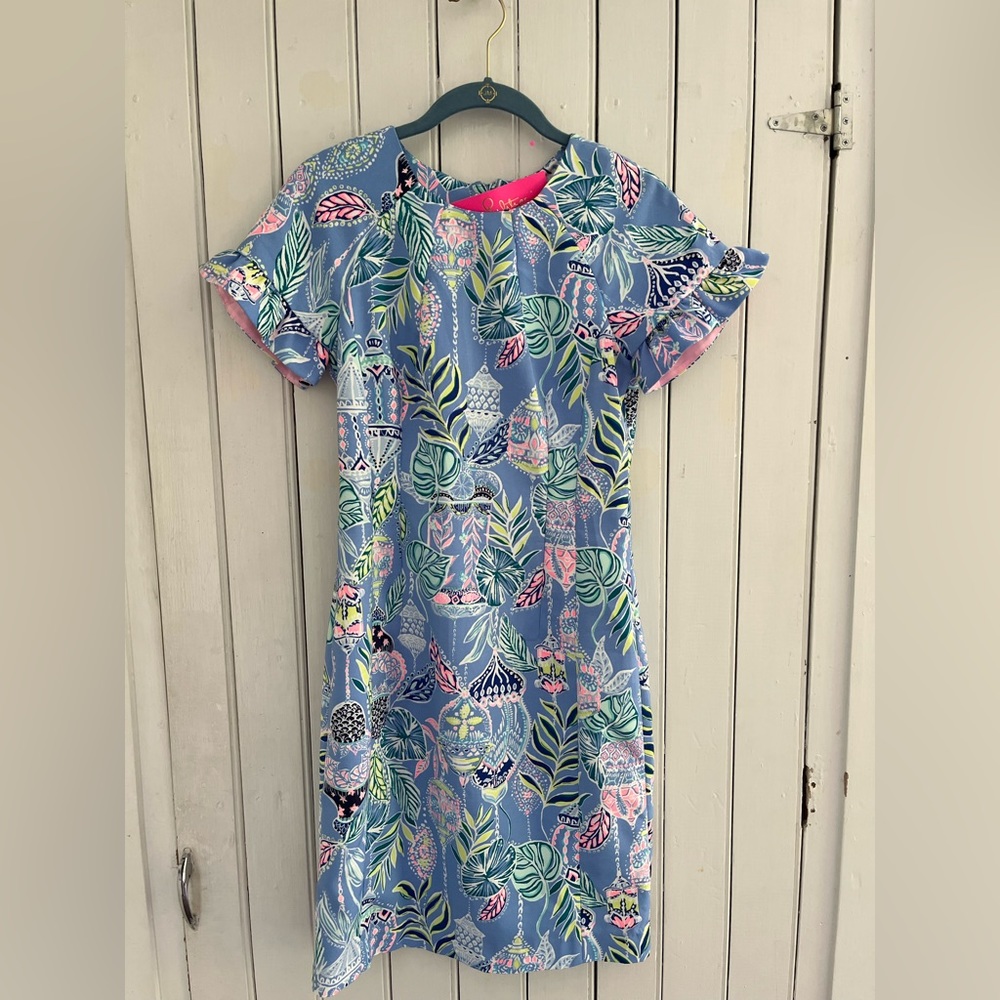 NWT Lilly Pulitzer Kerstin Stretch Shift Dress Blue Peri Lapis Lanterns Size 0